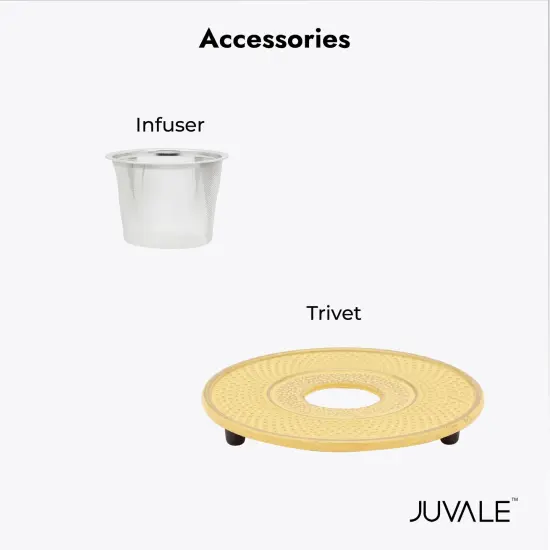 3 Piece Set Yellow Japanese Cast Iron Teapot, Loose Leaf Tetsubin with Handle, Stainless Steel Infuser, and Trivet (27 oz, 800 ml) {4}