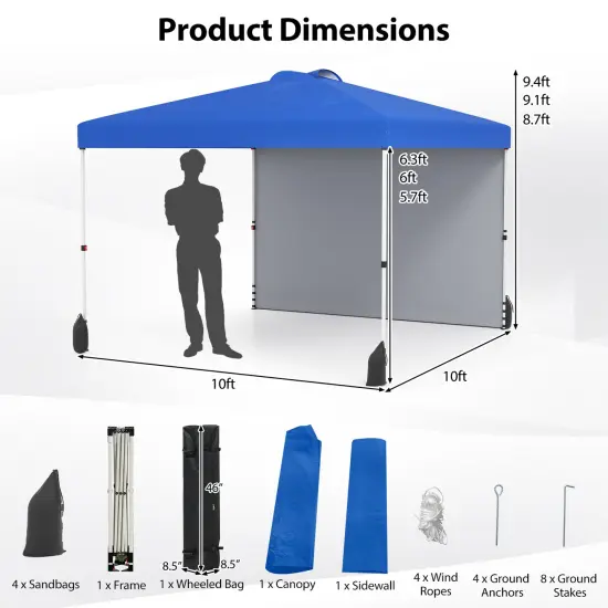 10 X 10 FT Pop up Canopy Tent with 1 Sidewall and Wheeled Bag Blue {4}