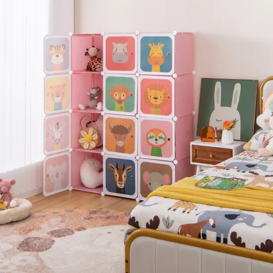 12 Cube Kids Closet with Hanging Rod and Storage Doors for Easy Organization Pink {8}