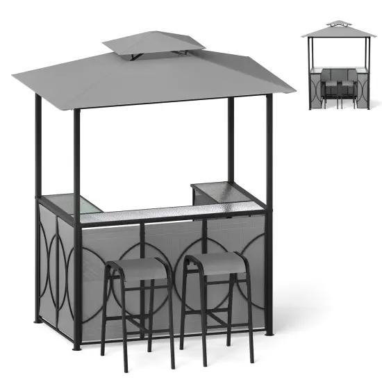 6.5 x 4 x 8 FT Grill Gazebo Set with 2 Bar Stools and Bar Table Brown {8}