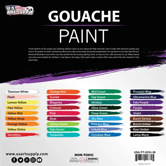 Professional 36 Color Set of Gouache Paint in Large 18ml Tubes - Bonus Color Mixing Wheel {3}