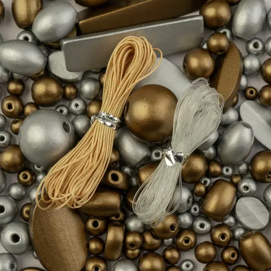 John Bead Craft Wood Beads with Elastic Nylon Cord, 90g Silver and Gold {1}