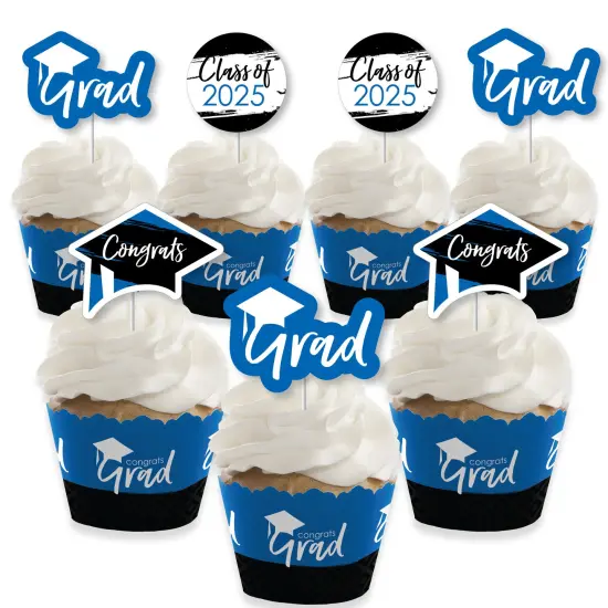 Big Dot of Happiness 2025 Blue Graduation Cupcake Decoration - Party Cupcake Wrappers and Treat Picks Kit - Set of 24 {1}