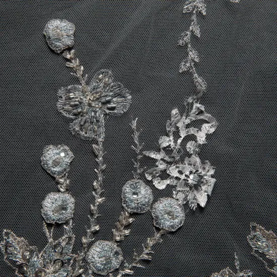 1 Yard ST Tulle Lace Fabric Embroidered Applique Beautiful 3D Floral Pattern 52/54" Wide Silver {4}