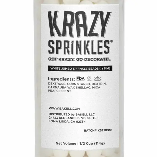 Krazy Sprinkles - White 8mm Beads (1/2 Cup, 1x Jar) for Cakes, Ice Cream & Cookies {5}