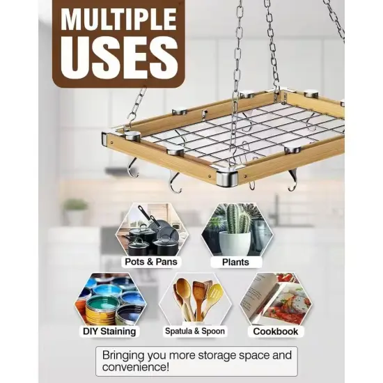 Rectangular Metal Wood Ceiling Pot Rack with Multiple Hooks {4}