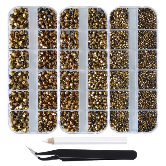 7000pcs+ Flatback Glass Hotfix Iron On Rhinestones Crystal for DIY Making with 1 Tweezer & 1 Picking Pen for Shoes, Clothes, Face Art, Bags, Manicure (Mine Gold, 5-Sizes) {1}