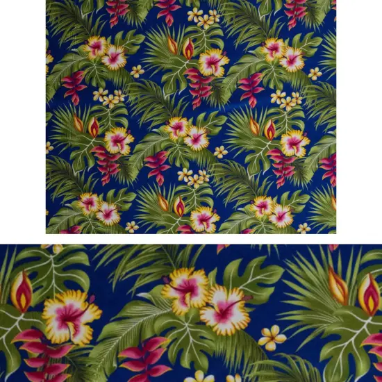 1 Yard Hibiscus Plumeria Split Banana Palm Leaves Rayon Poplin Fabric 44/45" Wide Navy {6}