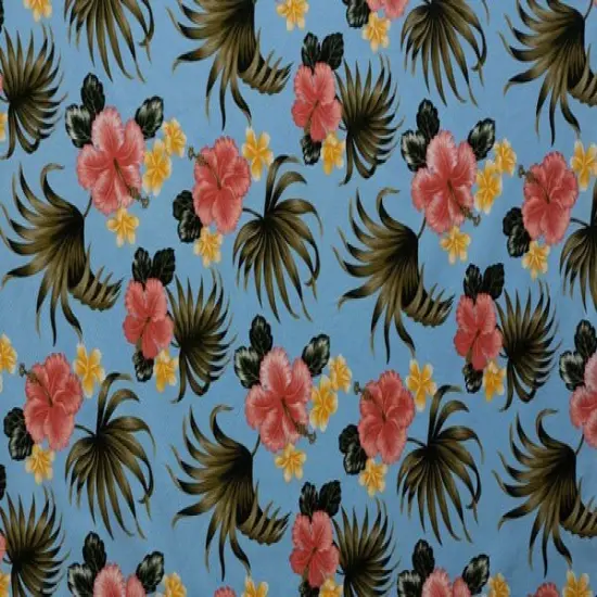1 Yard Hibiscus Plumerias Palm Elephant Ear Leaves 100% Cotton Upholstery Fabric 36in L x 56in W Blue {4}