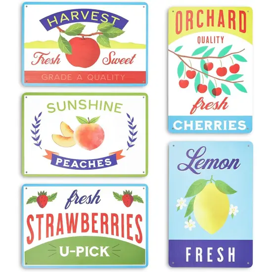 Farmlyn Creek Metal Fruit Crate Label Wall Signs, Kitchen Decor, 5 Designs (11.8 x 7.8 in, 5 Pieces) Multicolor {1}