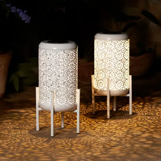Set of 2 14.25"H Metal Cutout Flower Pattern Solar Powered LED Outdoor Lantern with Stand 2pcs White {3}