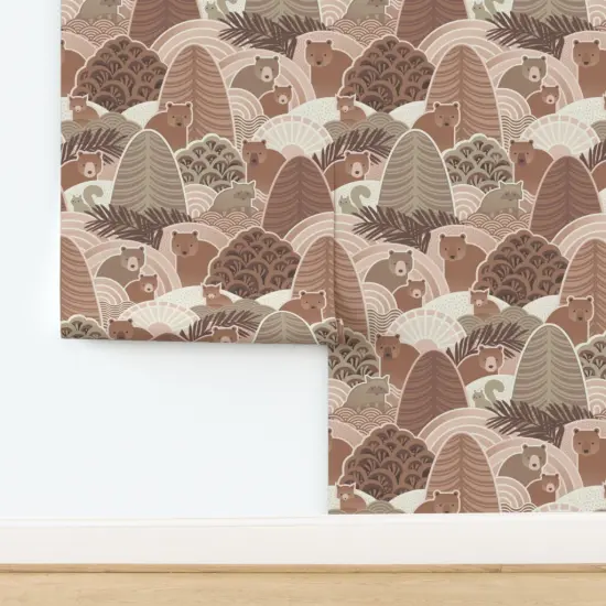 Pre-Pasted Wallpaper 2FT Wide Bears Autumn Nature Earth Tone Animals Woodland Raccoon Squirrel Trees Abstract Geometric Soft Brown Kids Room Custom Pre-pasted Wallpaper by Spoonflower {2}