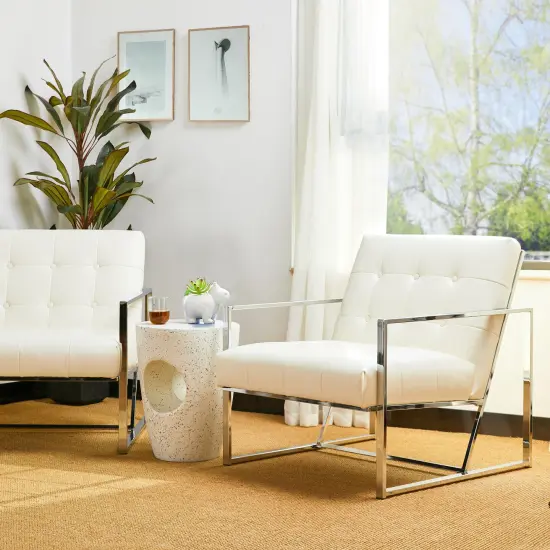 30.5"H Mid-Century Modern Leatherette Button-tufted Accent Arm Chair with Black Metal Frame Cream {2}