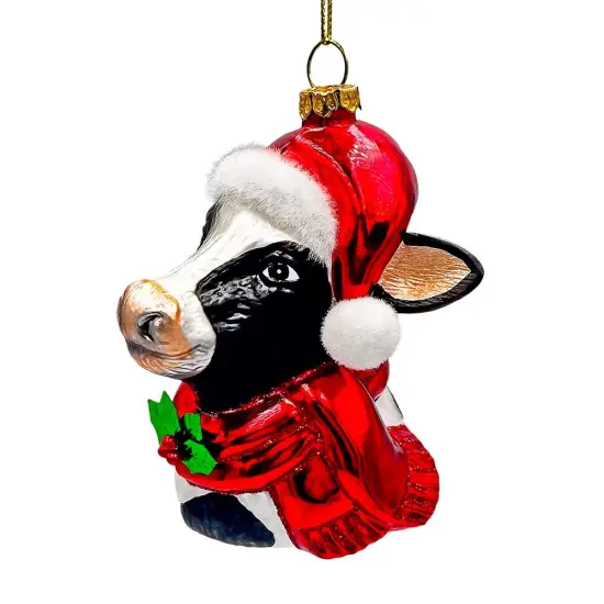 Festive Cow in Wreath Blown Glass Christmas Ornament, Farmhouse Theme Tree Decoration {5}