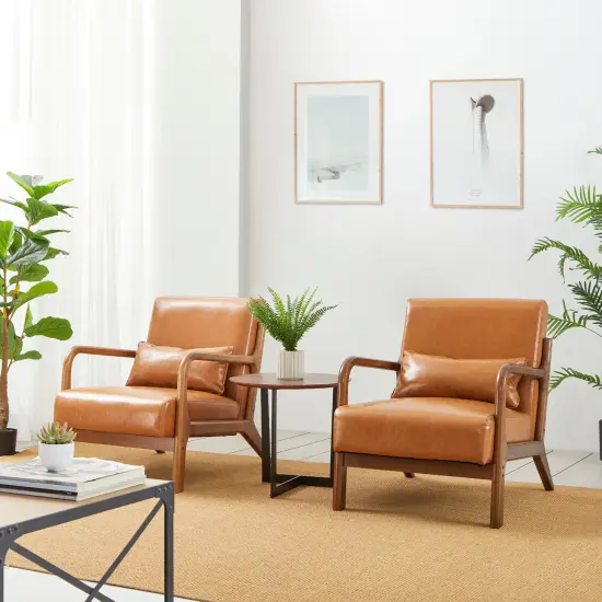 Set of 2 30.75"H Mid-Century Modern PU Leather Armchair Accent Chairs with Pillow Camel {2}