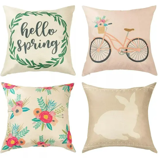 4x Easter Bunny Hello Spring Throw Pillow Covers Cushion Cases 4 Designs, 17" {1}