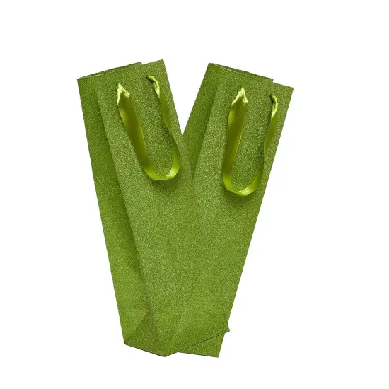 4 1/8'' x 4 1/8'' x 14 1/4'' Glitter Grain Wine Bags for Parties and Events Lime {6}