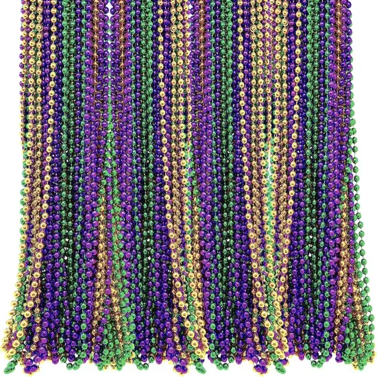 4E's Novelty Mardi Gras Beads Bulk (144 Pcs) - 33" 6mm Metallic Necklaces, 12 Colors, Masquerade New Orleans Party Favors for Adults & Kids {1}