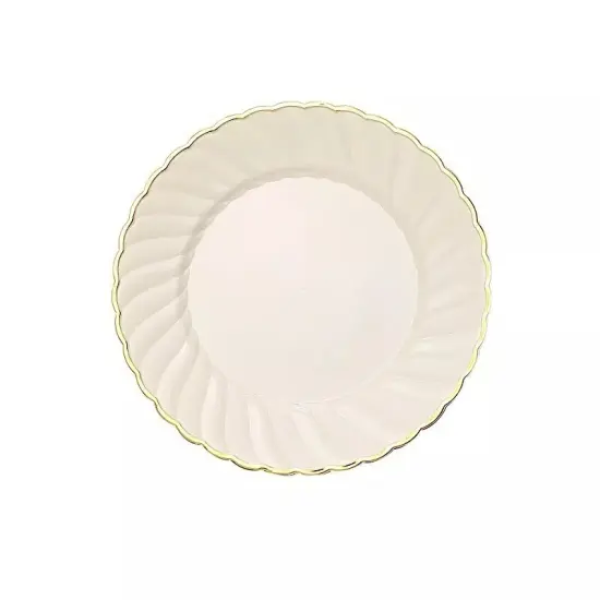 10 Ivory 8" Round Disposable Plastic Salad PLATES Gold Swirl Design Trim Party {1}