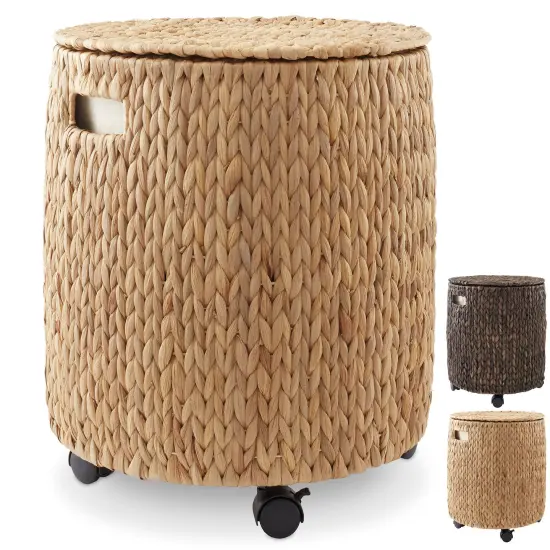 Casafield Round Rolling Storage Basket with Lid, Handwoven Water Hyacinth Rolling Hamper Storage Bin on Wheels for Living Room, Bedroom, Bathroom, Laundry {7}