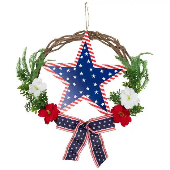 Northlight Americana Star Floral Twig Wreath - 24" Blue {3}