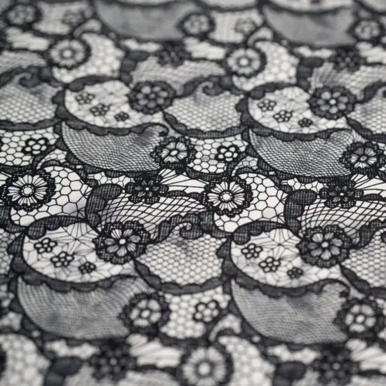 Black Paisley Lace Pattern on White Printed Spandex Fabric {2}