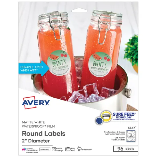 Avery Durable Waterproof Labels with Sure Feed Technology, 2" Diameter, Matte White, Laser & Pigment-Inkjet, 96 Printable Labels (5657) {1}