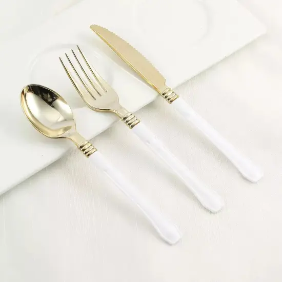 24 Metallic Gold White Handle Disposable Plastic 7" Forks Party Wedding Supplies {3}