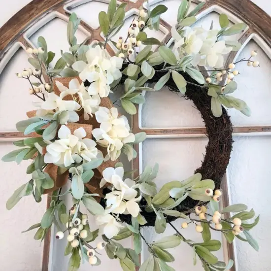 Haute Decor Grapevine Hydrangea Wreath with White Berries, Lamb's Ear & Burlap Bow - Neutral Summer Wreath for Front Door Decor {5}