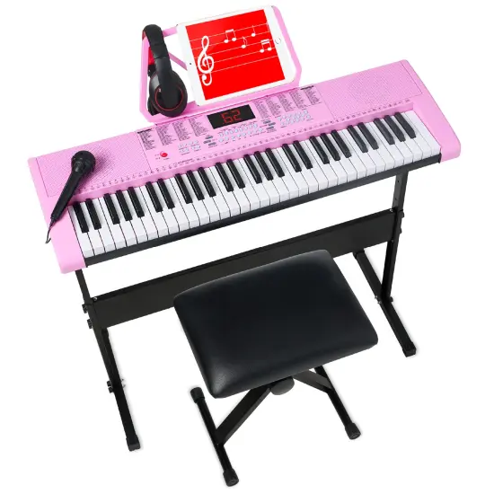 Best Choice Products 61-Key Beginners Electronic Keyboard Piano Set w/ LED, 3 Teaching Modes, H-Stand, Stool Pink {1}