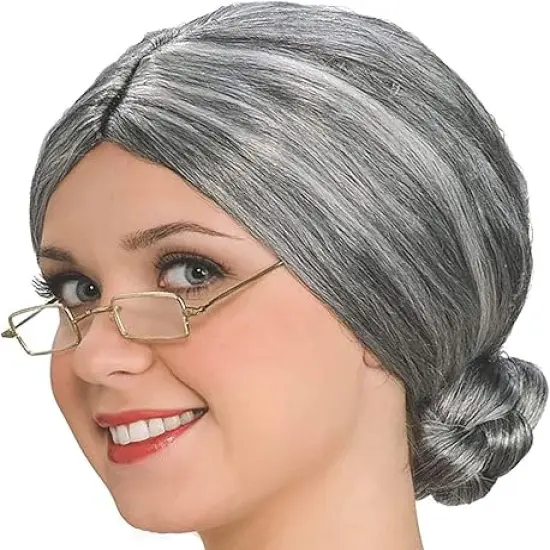 4E's Novelty Old Lady Costume for Kids 7 Pcs Set - for 100 Day of School Grandma Costume for Girls, Gray Curly Wig, Cane, Granny Glasses with Chain Dress Up Accessories {6}