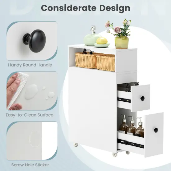 Costway Movable Bathroom Storage Cabinet Narrow Toilet Side Paper Holder w/ 2 Drawers {6}