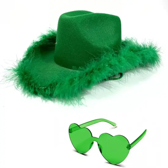 4E&rsquo;s Novelty Green Cowboy Hat with Feathers & Heart-Shaped Sunglasses - Perfect Cowboy Outfit Accessory, Cowboy Hat for Party Costume Dress Up {1}