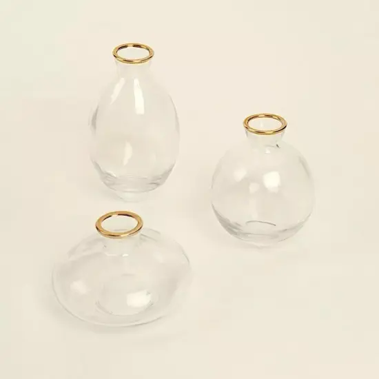 3 Clear Small Glass Flower VASES Metallic Gold Trim Table Centerpieces Party {2}
