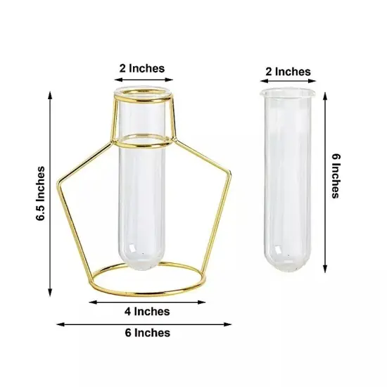 2 Gold Metal Geometric FLOWER VASE HOLDERS Clear Glass Tubes Home Centerpieces {5}