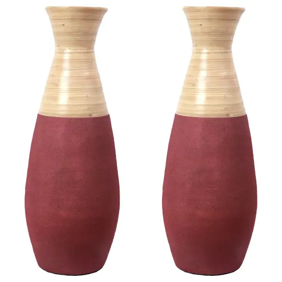 Set of 2 31.5" Tall Handcrafted Bamboo Floor Vase, Burgundy and Natural Finish, Decorative Accent, Large Floor Vase, Sustainable Bamboo, Living Room, Dining Room, Entryway Decor, Unique Home Accent {1}
