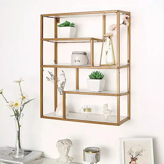 22 in Gold 4 Tier Rectangle Metal Geometric HANGING SHELF White Wood Party Home {3}