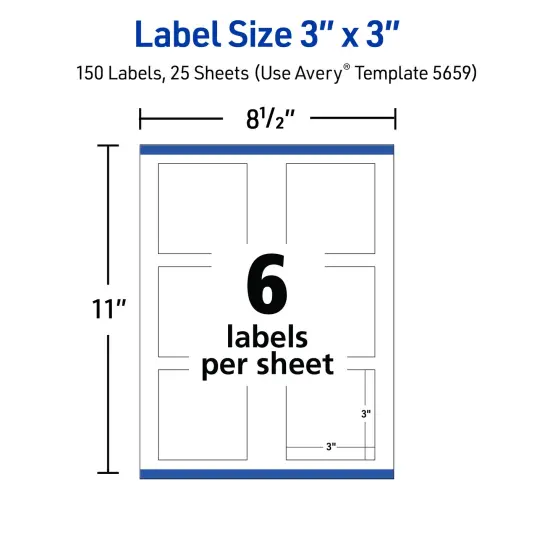 Avery Printable Square Labels with Sure Feed, 3" x 3", Matte White, Permanent Adhesive, Laser & Inkjet Printers, 150 Blank Labels (5659) {5}