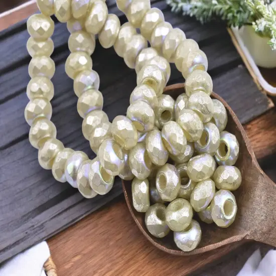 *25* 6x9mm Mercury AB Washed IvoryFaceted Large Hole Rondelle Roller Beads {6}