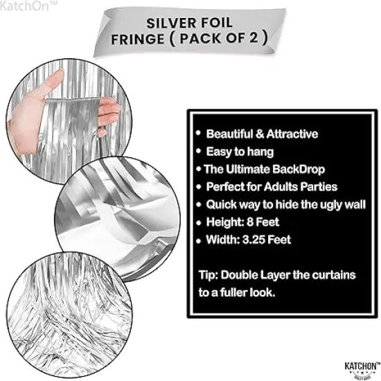 Large Silver Backdrop Curtain - 3.2x8 Feet, Pack of 2, Silver Streamers Backdrop | Happy New Year Backdrop for Happy New Year Decorations | Silver Fringe Backdrop for Silver Party Decorations {3}
