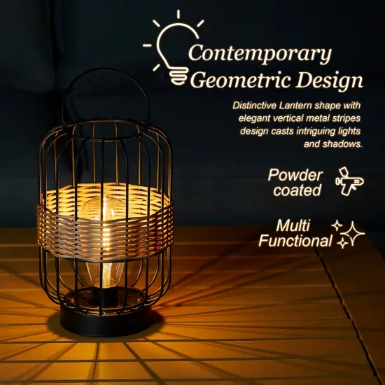Set of 2 11.75"H Metal Wire Faux Rattan Solar Powered Outdoor Lantern with Edison Bulb and Handle {3}