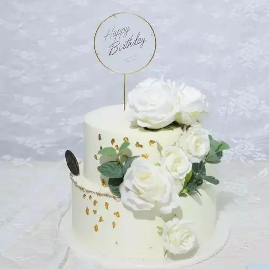 Gold Happy Birthday CAKE TOPPER Set Blush Silk Rose Flowers Party Decorations {2}