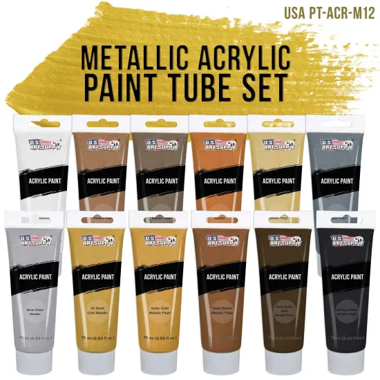 Professional 12 Color Set of Metallic Acrylic Paint, Large 75ml Tubes - Rich Vivid Pearl Colors for Artists, Students - Canvas, Paintings, Wood, Rocks {2}