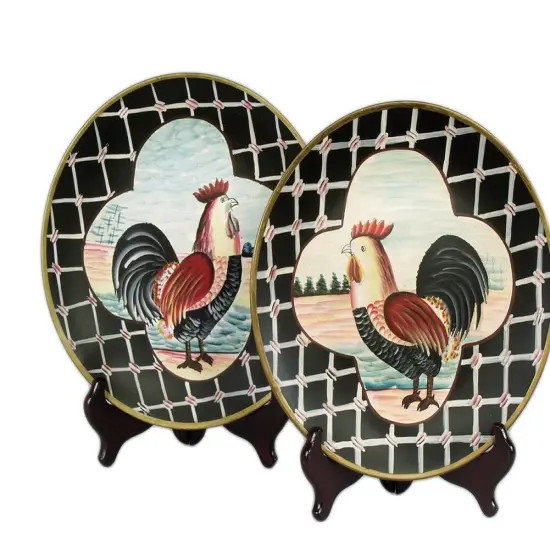 Pair of 10 Inch Diameter Ceramic Rooster Decorative Plates Multicolor {4}