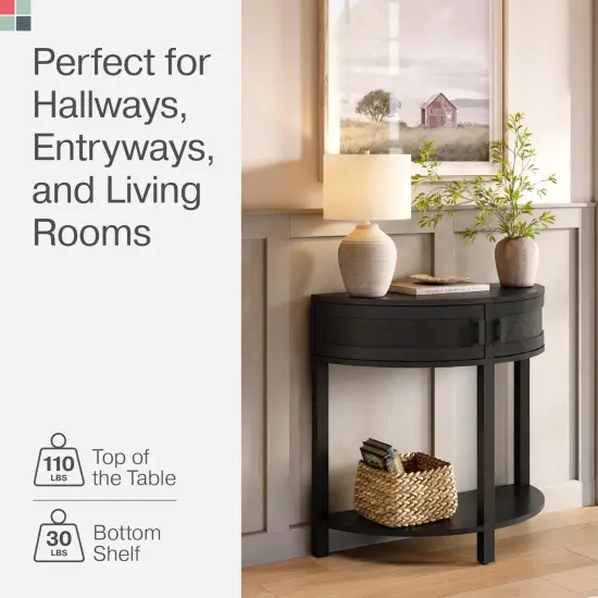 Farmhouse Half Moon Console Table - Small Entry Desk with Storage for Narrow Spaces - Modern Home Decor - Living Room Furniture - Wood Entryway Table with Doors and Black Knobs (Blackened Oak) {4}