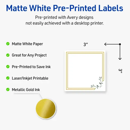 Avery Printable Square Labels, Gold Double Border with Florals, 3" x 3", Matte White Square Labels, Permanent, Laser/Inkjet, 60ct, Great for Product Labels {2}