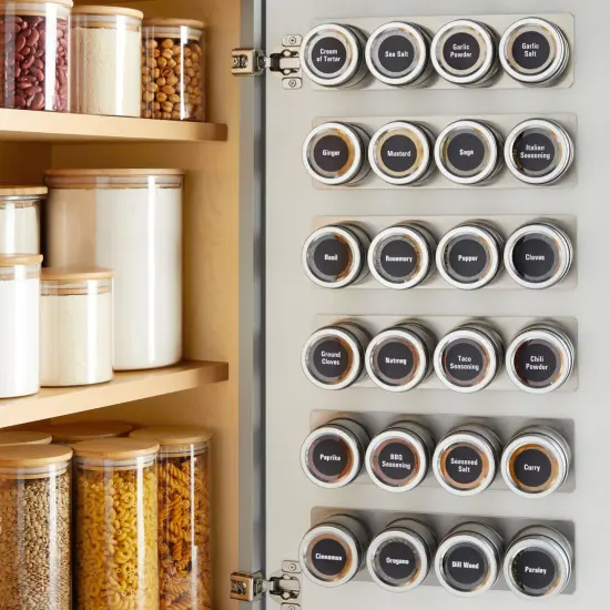 Talented Kitchen 24 Magnetic Spice Jars with Sift-and-Pour Lids for Refrigerator with 6 Metal Plate Bases and 269 Preprinted Seasoning Labels in 2 Styles for 3 oz Herb Containers Clear {3}