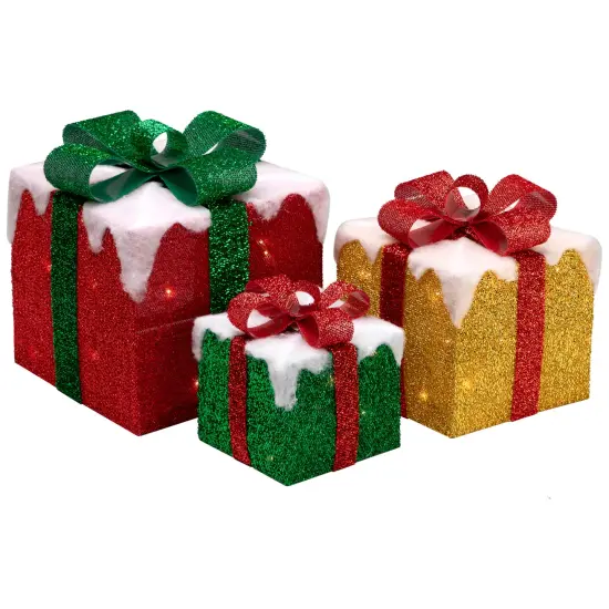 Northlight Set of 3 LED Lighted Green, Gold and Red Snowy Gift Boxes Outdoor Christmas Decorations {3}