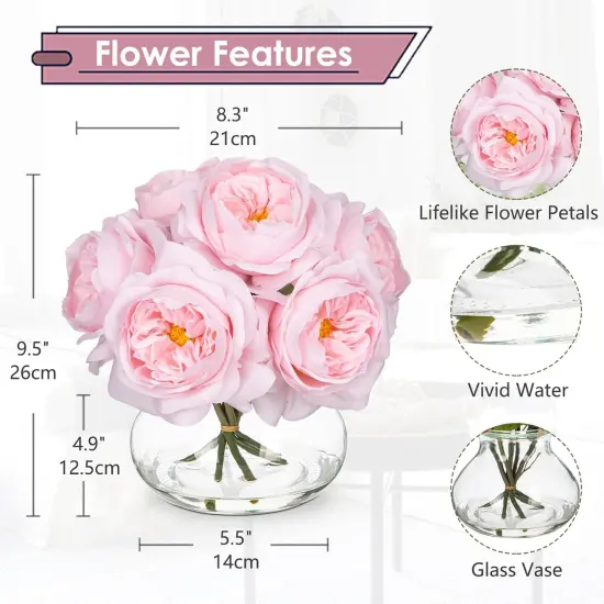 Pink Roses Peonies Artificial Flowers with Glass Vase Silk David Austin Roses Faux Flowers Arrangements with Clear Faux Water in Vase Fake Peonies Rose Peony Floral Bulk Bouquet Home Decor {2}