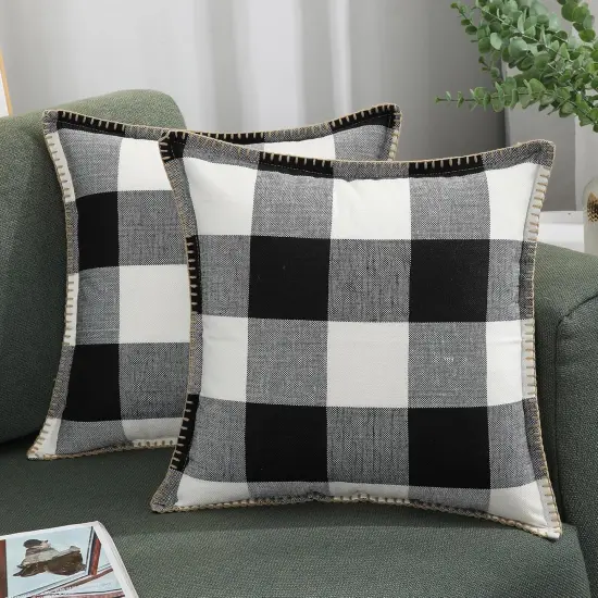 Buffalo Plaid Check Spring Throw Pillow Covers 18x18 Set of 2, Outdoor Decorative Farmhouse Pillow Covers with Stitched Edge for Bed Couch Sofa, Black and White {1}